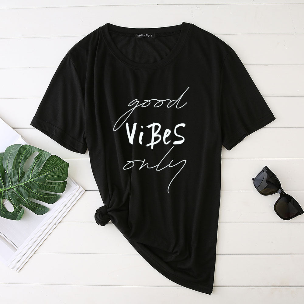 Women's Good Vibes Letter Print Funny T-shirt