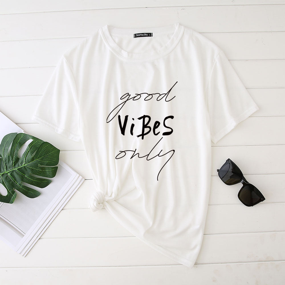 Women's Good Vibes Letter Print Funny T-shirt