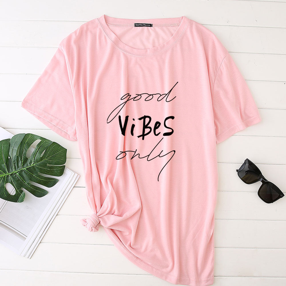 Women's Good Vibes Letter Print Funny T-shirt